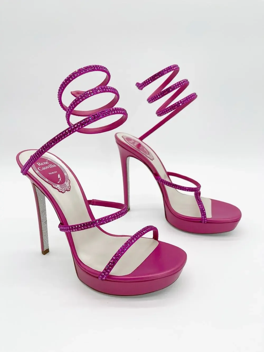 Rene Caovilla Cleo Fuchsia Crystal Ankle Wrap Platform Sandals Heels IT 38